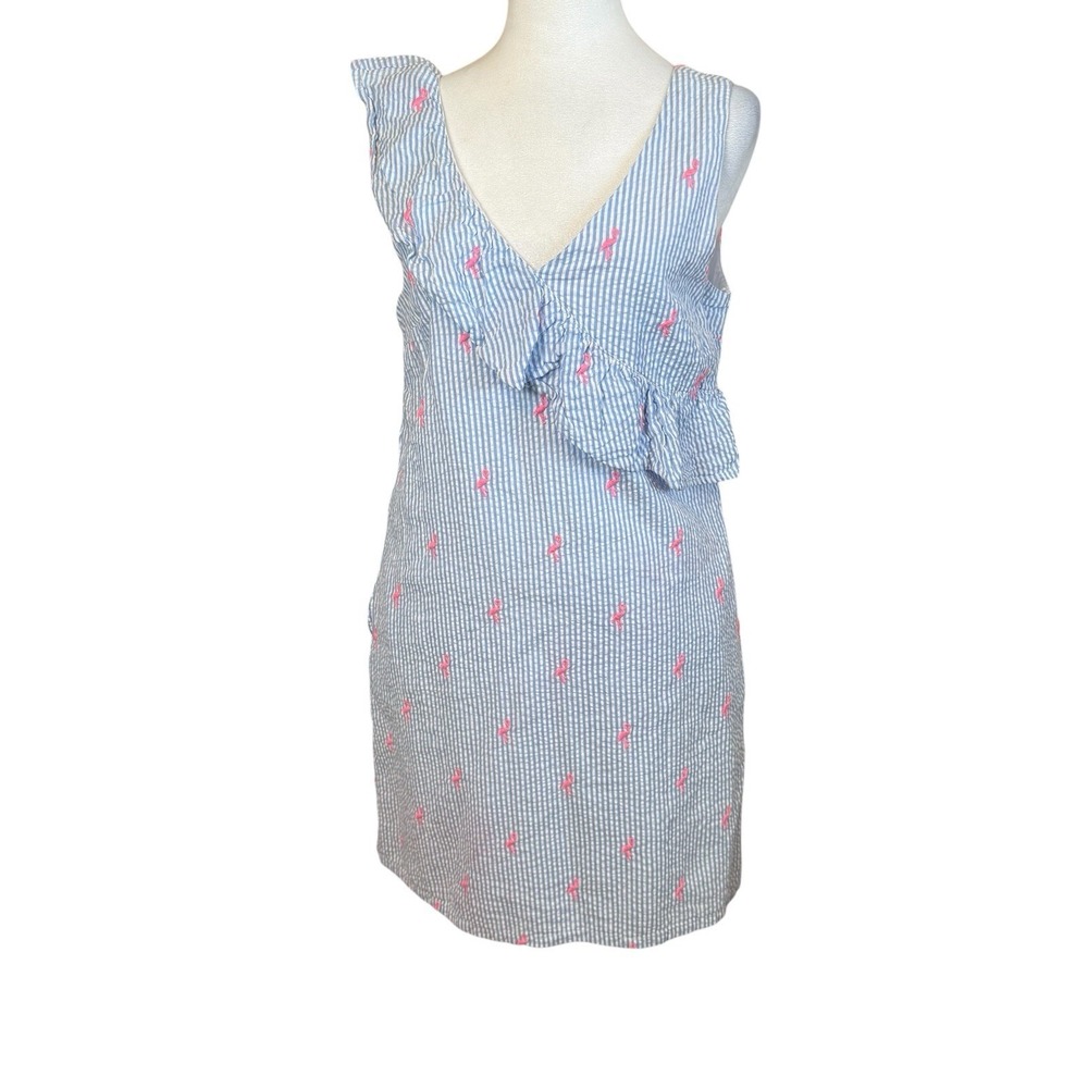 Crown & Ivy Seersucker Blue Striped Flamingo Print Dress Medium Ruffle Preppy